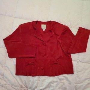 vintage Joseph Ribkoff Size 14 Women's Red dressy Blouse W/ Fabric Buttons & Bow